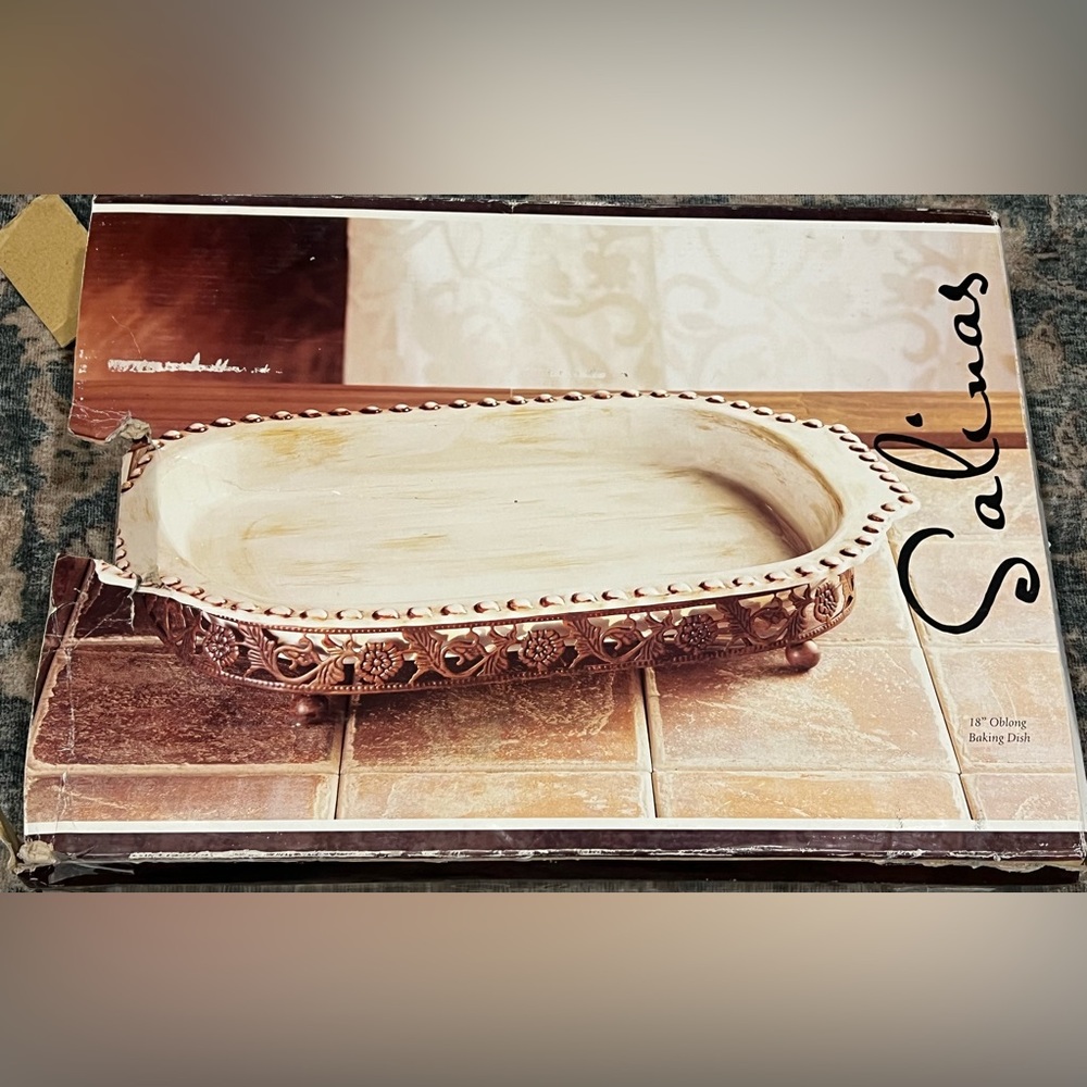 Salinas 18” Oblong Baking Dish Decorated with Beaded Motif and Tray